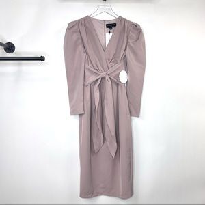 Little Mistress puff shoulder tie front detail midi dress